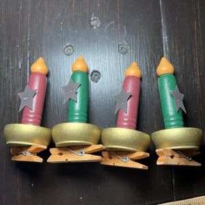 4 pc 'OldTime' Folk Art Wood Light Clip Faux Candle Christmas Holiday Decor Star
